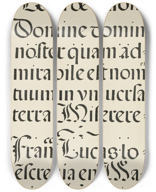 Triptych art skateboard deck of Frank Chouteau Brown Spanish Round Gothic Letters by Frank Chouteau Brown (1876-1947)