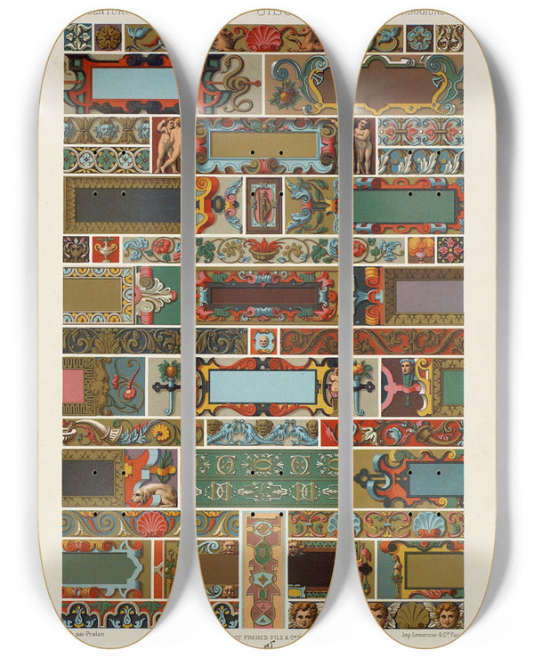 Triptych art skateboard deck of Auguste Racinet Xvi Siecle 2 by Auguste Racinet (1825-1893)
