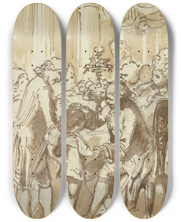 Triptych art skateboard deck of Eugen Klimsch Celebratory People by Eugen Klimsch (1839-1896)