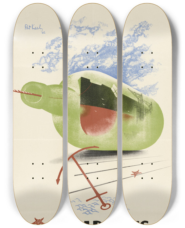 Triptych art skateboard deck of Pat Keely Accidents Are Bottlenecks Prevent Them by Pat Keely (1901-1970)