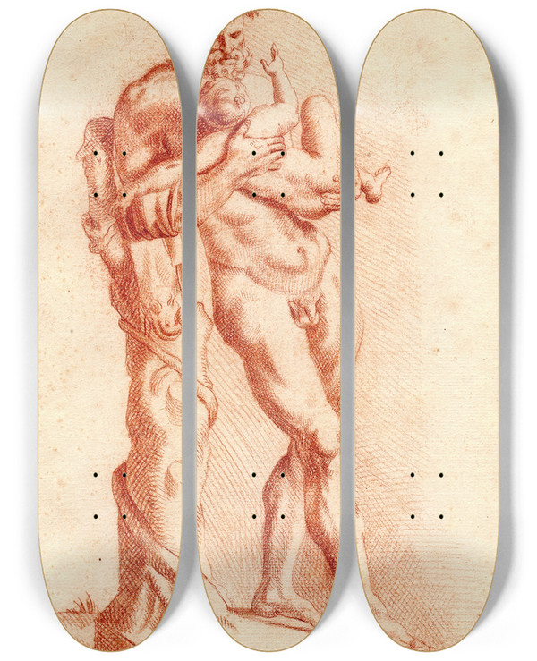 Triptych art skateboard deck of Cornelis Pronk Beeld Van Faunus Met Kind by Cornelis Pronk (1691-1759)