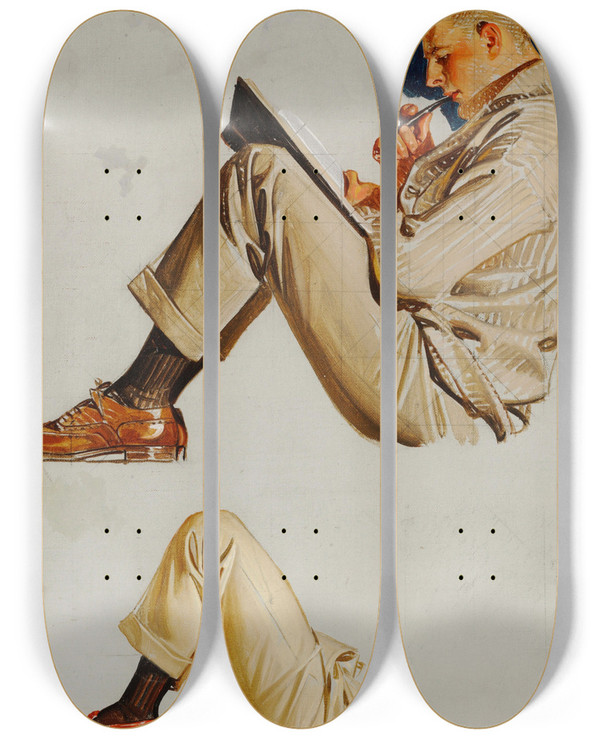 Triptych art skateboard deck of Jc Leyendecker Study For Interwoven Socks by J.C. Leyendecker (1874-1951)