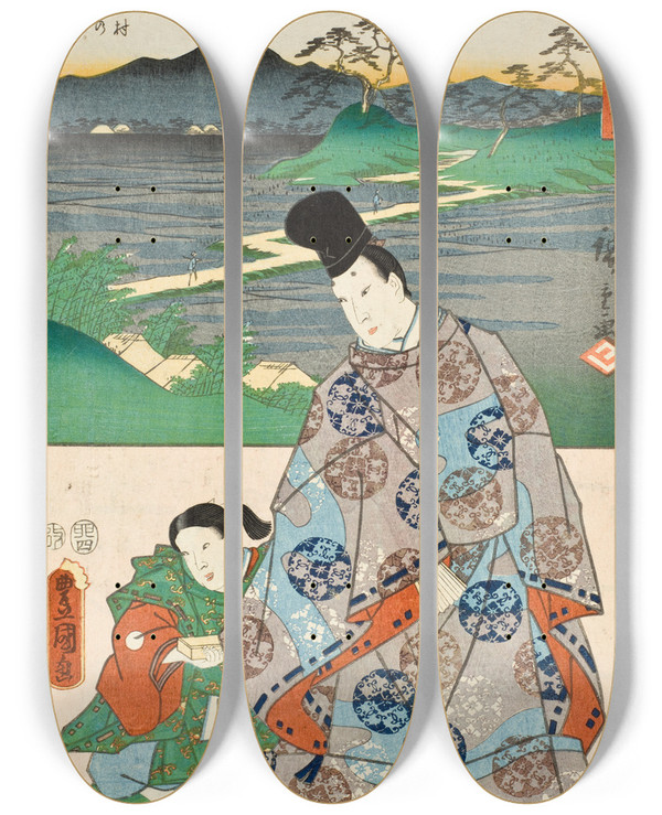 Triptych art skateboard deck of Utagawa Kunisada Toyokuni Iii Chiry by Utagawa Kunisada (Toyokuni III) (1786-1865)