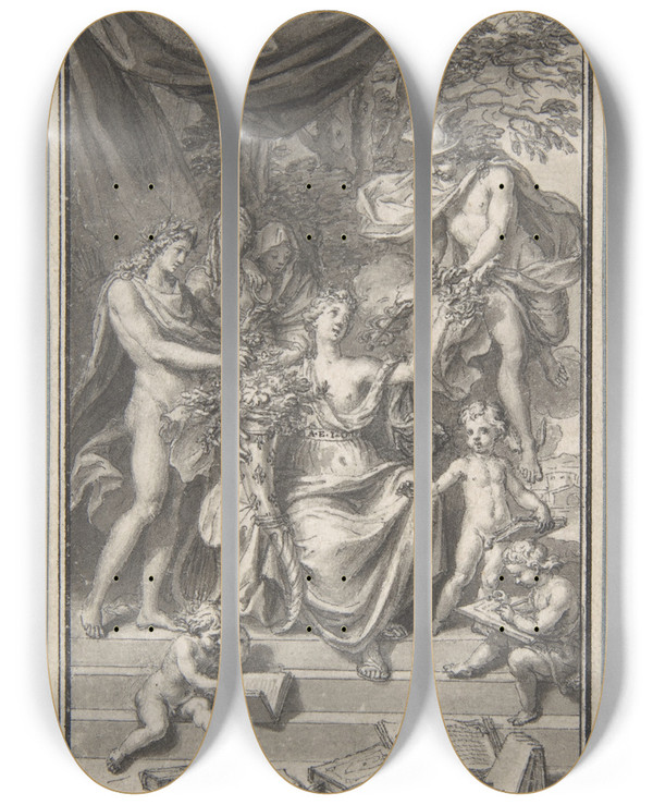 Triptych art skateboard deck of Bernard Picart Design For A Frontispiece by Bernard Picart (1673-1733)