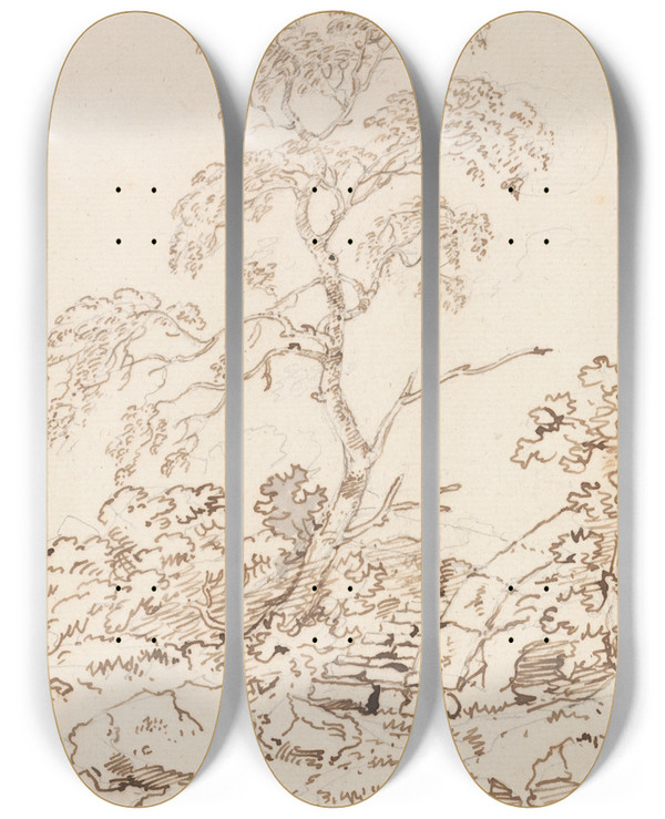 Triptych art skateboard deck of George Howland Beaumont Tree By Steps by George Howland Beaumont (1753-1827)