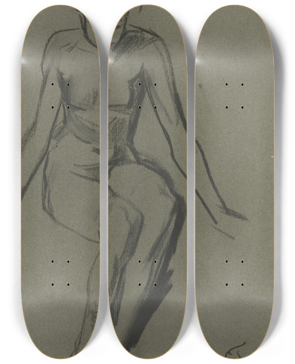 Triptych art skateboard deck of Wilhelm Trbner Sitting Female Nude by Wilhelm Trubner (1851-1917)