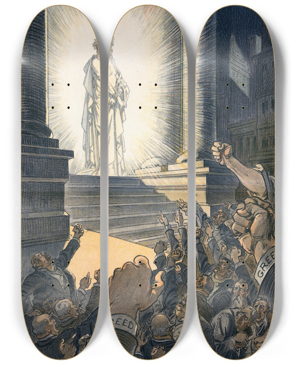 Triptych art skateboard deck of Udo Keppler Crucify Him Crucify Him by Udo Keppler (1872-1956)
