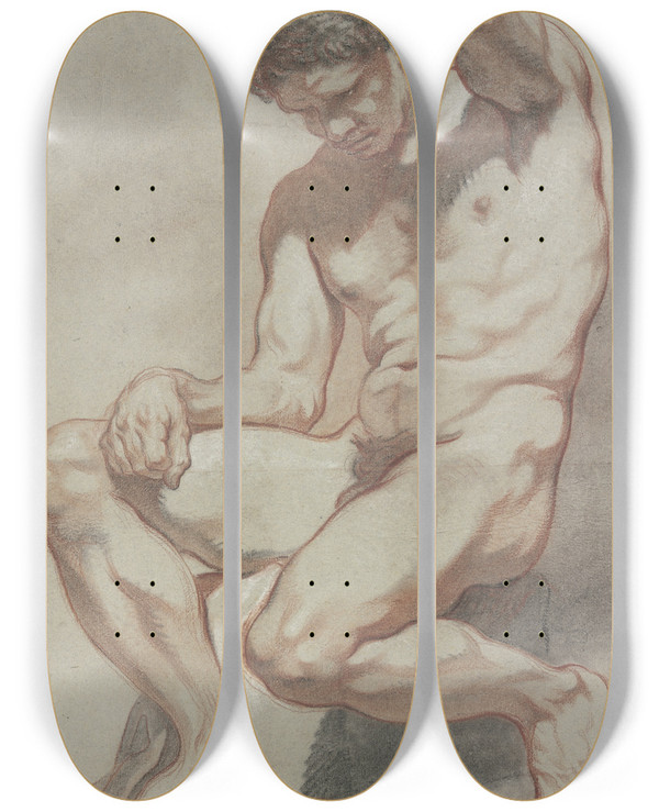 Triptych art skateboard deck of Jeanbaptiste Greuze Sitzender Mnnlicher Akt by Jean-Baptiste Greuze (1725-1805)