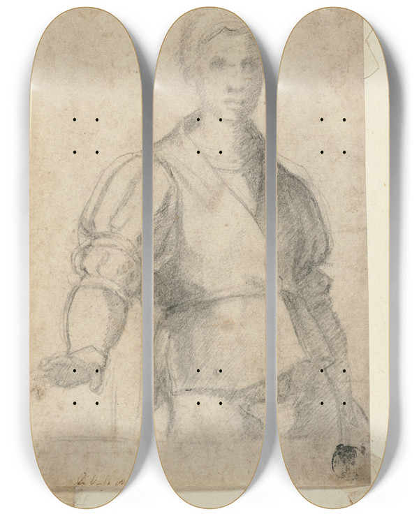 Triptych art skateboard deck of Andrea Del Sarto Study Of A Young Man by Andrea del Sarto (1486-1530)