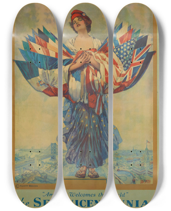 Triptych art skateboard deck of Dan Smith Sesquicentennial International Exposition_3 by Dan Smith (1835-1934)