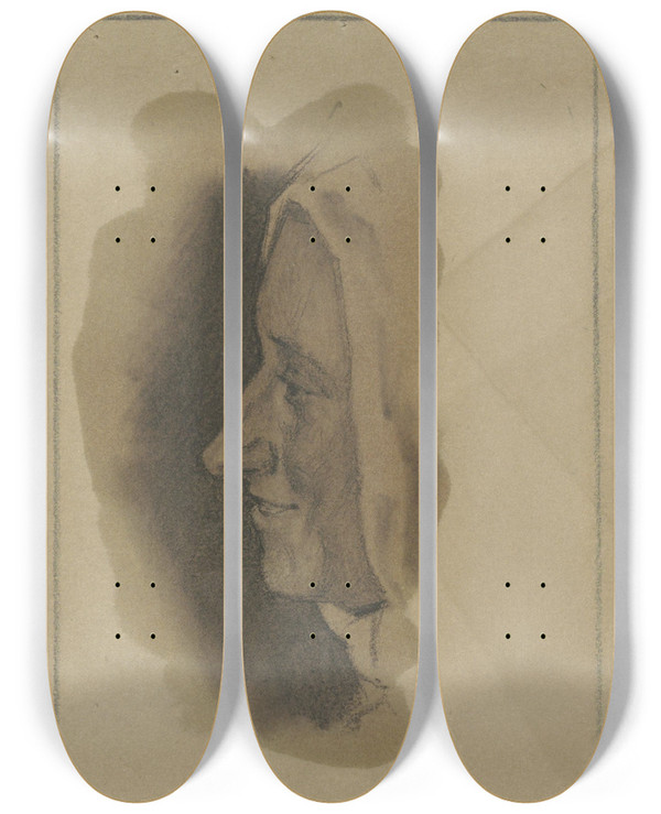 Triptych art skateboard deck of Jan Veth Profiel Van Een Lachende Vrouw by Jan Veth (1864-1925)
