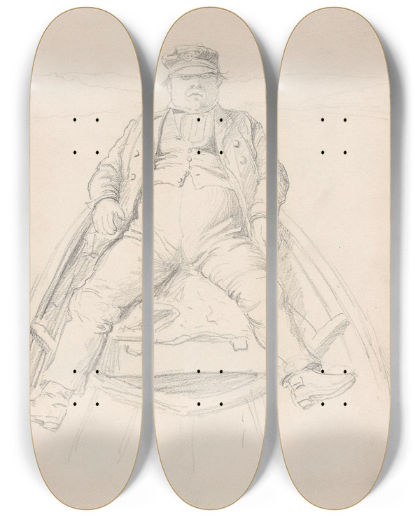 Triptych art skateboard deck of Adolph Tidemand Mann I Baugen P En Bt_2 by Adolph Tidemand (1814-1876)