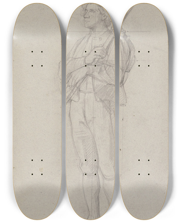 Triptych art skateboard deck of Jakob Becker Bauer Mit Geschultertem Rechen by Jakob Becker (1810-1872)