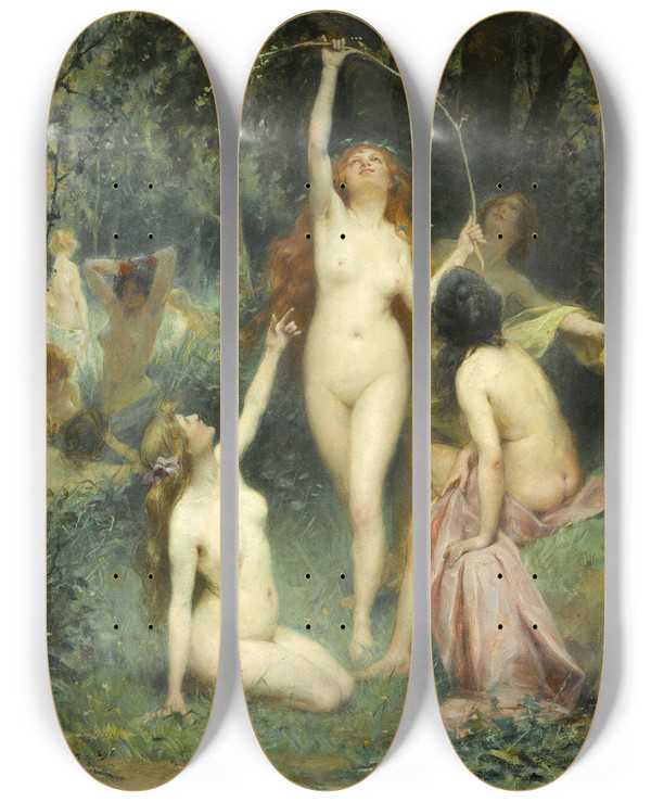 Triptych art skateboard deck of Henri Adrien Tanoux Nymphs In A Forest by Henri Adrien Tanoux (1865-1923)