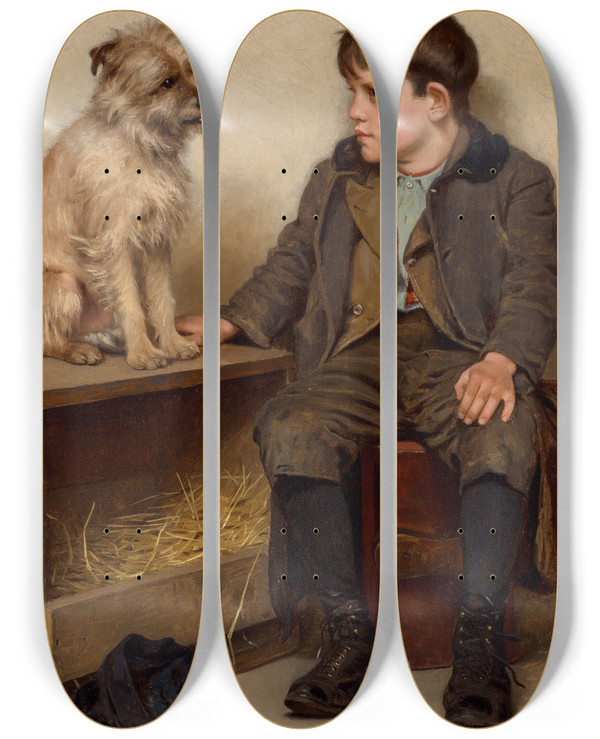 Triptych art skateboard deck of John George Brown A Confab by John George Brown (1831-1913)