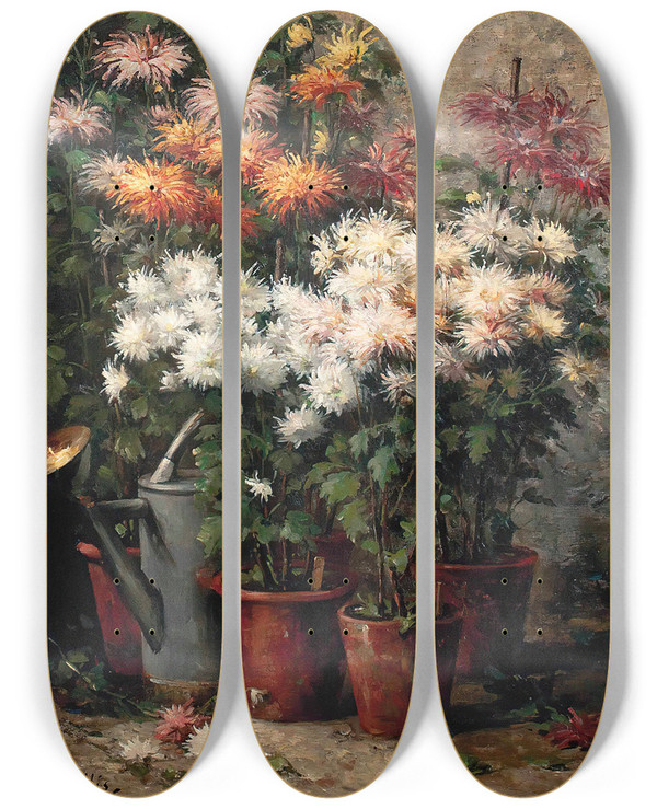 Triptych art skateboard deck of Hubert Bellis Chrysanthemums by Hubert Bellis (1831-1902)