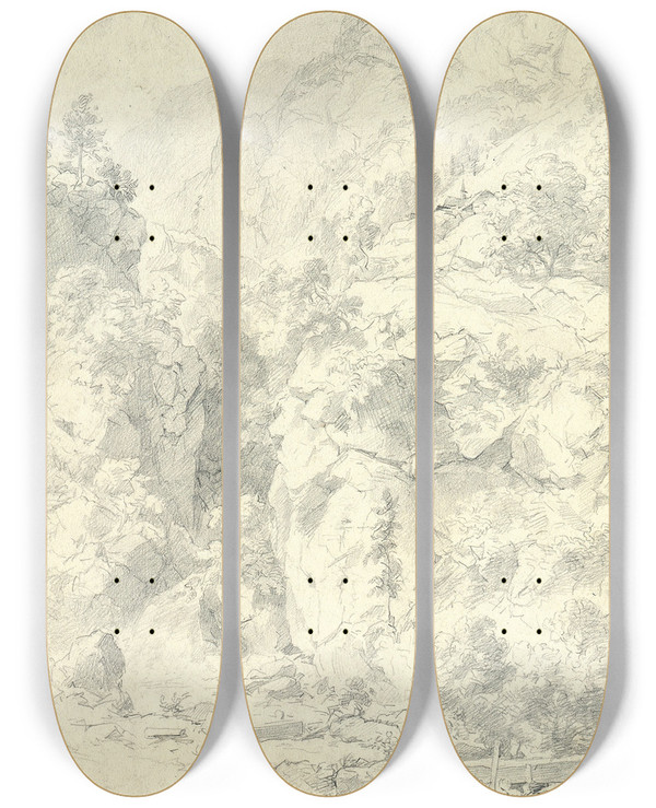 Triptych art skateboard deck of Andreas Achenbach Mountainous Landscape by Andreas Achenbach (1815-1910)