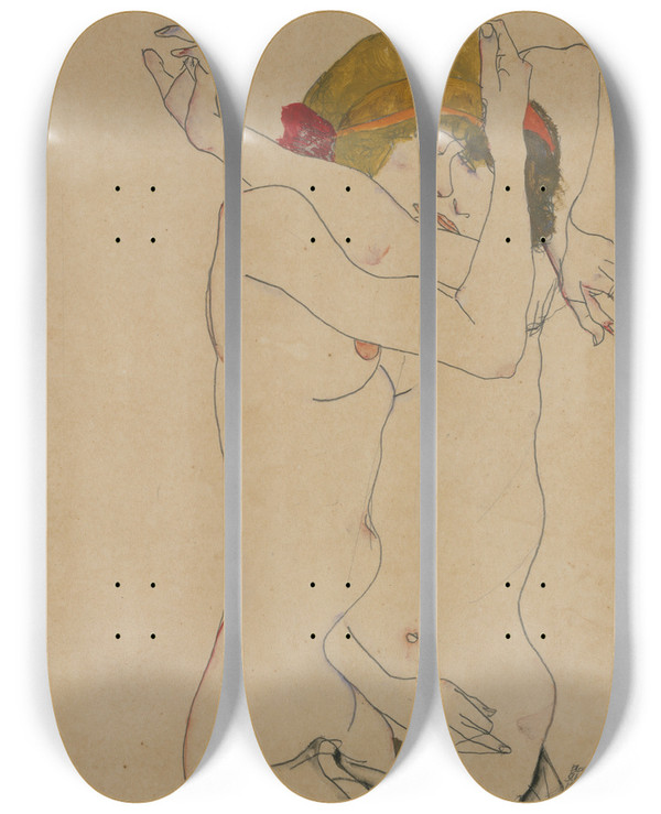 Triptych art skateboard deck of Egon Schiele Two Women Embracing by Egon Schiele (1890-1918)