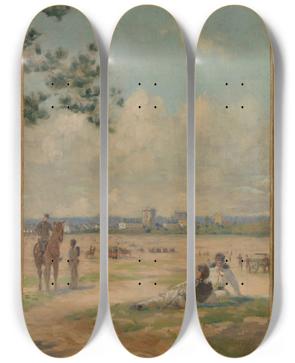 Triptych art skateboard deck of Maurice Chabas Champ De Manuvre by Maurice Chabas (1862-1947)