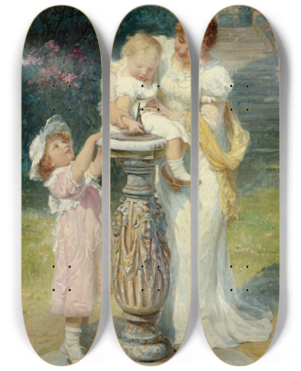 Triptych art skateboard deck of Frederick Morgan Sunny Hours by Frederick Morgan (1847-1927)