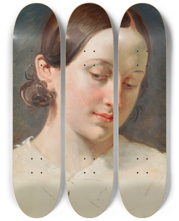 Triptych art skateboard deck of Johann Peter Krafft Kopf Eines Mdchens Mit Braunem Haar Studie Zu Rdiger Und Angelica by Johann Peter Krafft (1780-1856)