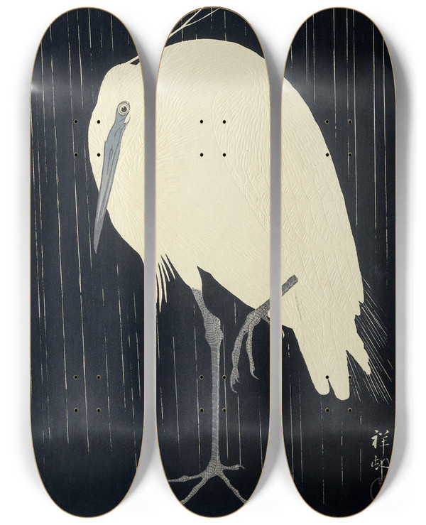 Triptych art skateboard deck of Ohara Koson Egret In The Rain by Ohara Koson (1877-1945)