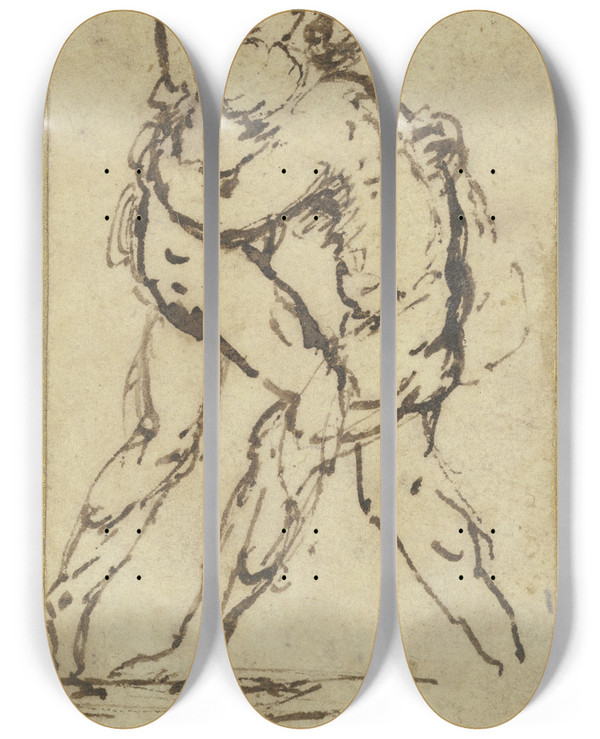 Triptych art skateboard deck of Jusepe De Ribera Studies Of Wrestlers_1 by Jusepe de Ribera (1591-1652)