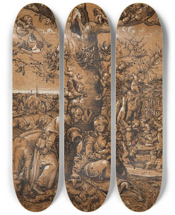 Triptych art skateboard deck of Lucas Cranach Ruhe Auf Der Flucht by Lucas Cranach