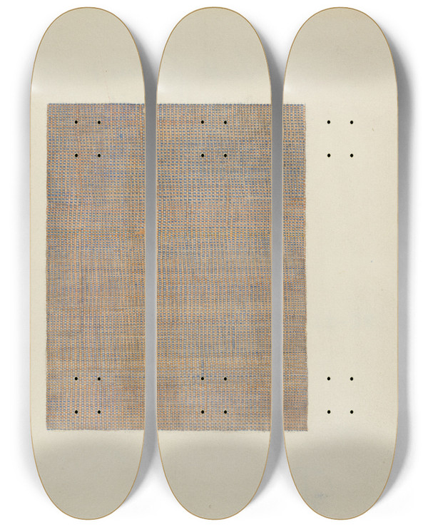 Triptych art skateboard deck of Lucille Gilchrist Shaker Dress Material by Lucille Gilchrist