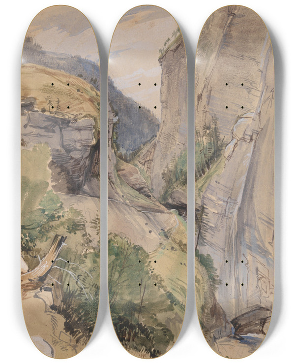 Triptych art skateboard deck of John Frederick Lewis The Via Mala by John Frederick Lewis (1805-1876)