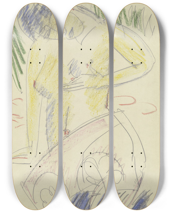 Triptych art skateboard deck of Ernst Ludwig Kirchner Kniender Weiblicher Halbakt by Ernst Ludwig Kirchner (1880-1938)