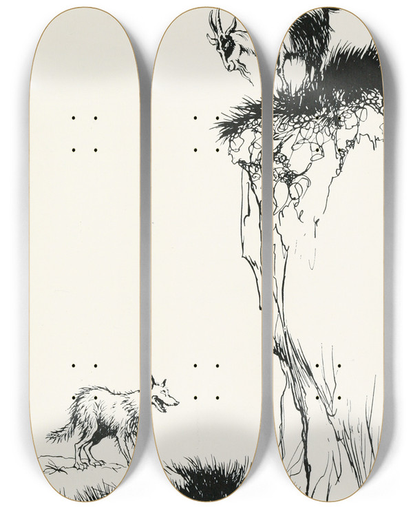 Triptych art skateboard deck of Arthur Rackham The Wolf And The Goat by Arthur Rackham (1867-1939)