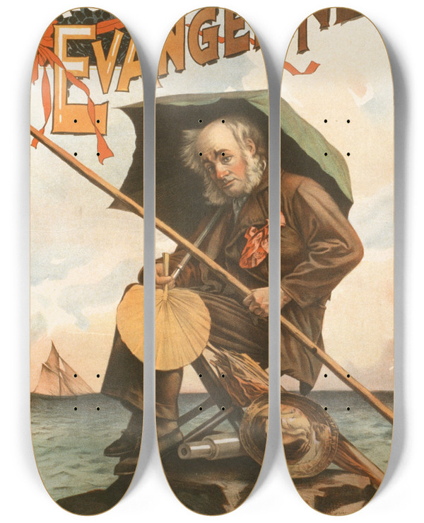 Triptych art skateboard deck of Strobridge Co Lith Rices Beautiful Evangeline_3 by Strobridge Co Lith (1847)