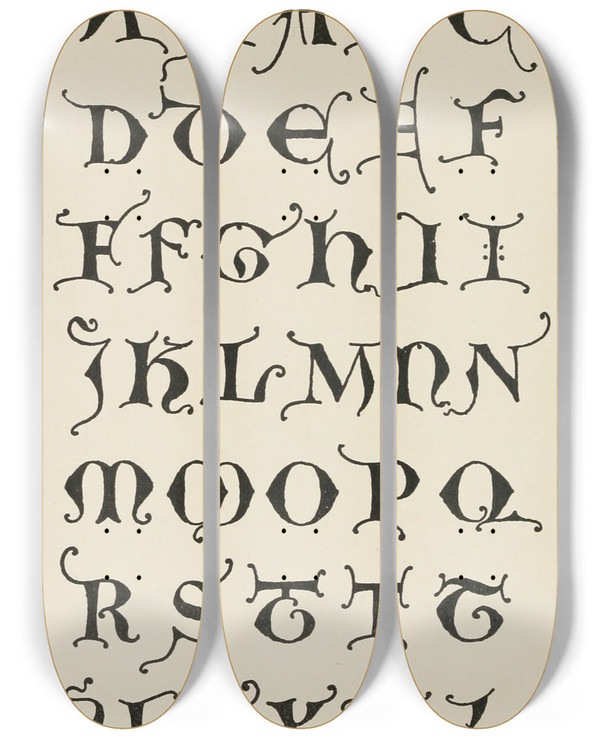 Triptych art skateboard deck of Frank Chouteau Brown Uncial Gothic Initials by Frank Chouteau Brown (1876-1947)