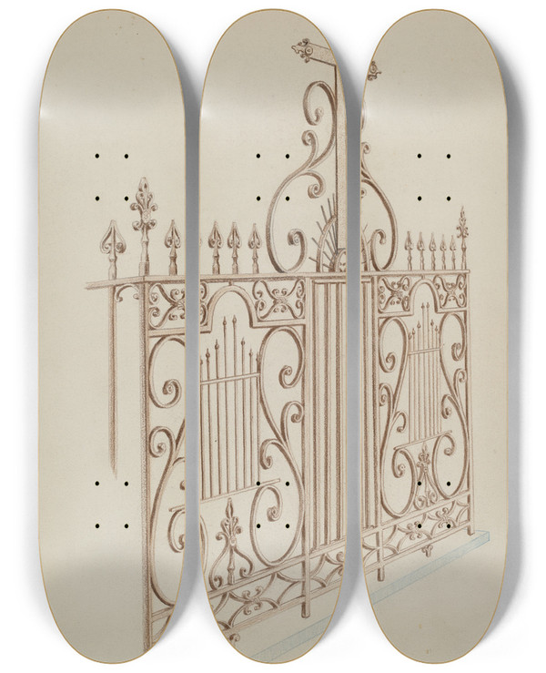 Triptych art skateboard deck of Lucien Verbeke Iron Gate And Fence_3 by Lucien Verbeke