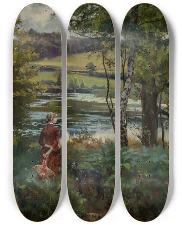 Triptych art skateboard deck of Henry John Yeend King At Waters Edge by Henry John Yeend King (1855-1924)