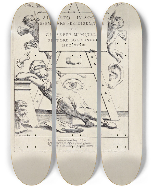 Triptych art skateboard deck of Giuseppe Maria Mitelli Alfabeto In Sogno Pl01 by Giuseppe Maria Mitelli (1634-1718)