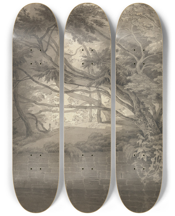 Triptych art skateboard deck of John White Abbott Trees Overhanging A Lake by John White Abbott (1763-1851)