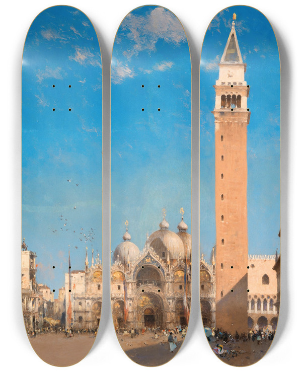 Triptych art skateboard deck of Amde Rosier Venice St Marks Square by Amedee Rosier (1841-1898)
