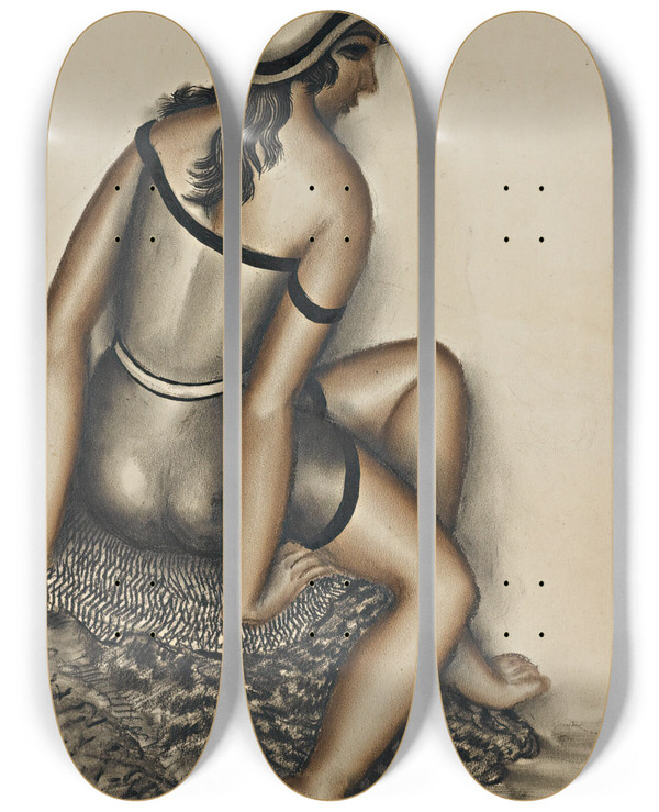 Triptych art skateboard deck of Antonin Prochzka Bathing Girl by Antonin Prochazka (1882-1945)