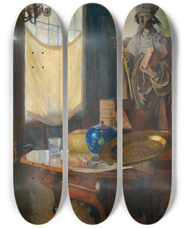 Triptych art skateboard deck of Carl Moll View Of The Studio by Carl Moll (1861-1945)