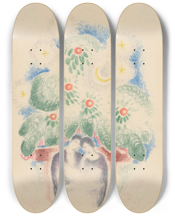 Triptych art skateboard deck of Mikul Galanda Lovers On A Bench_2 by Mikulas Galanda (1895-1938)