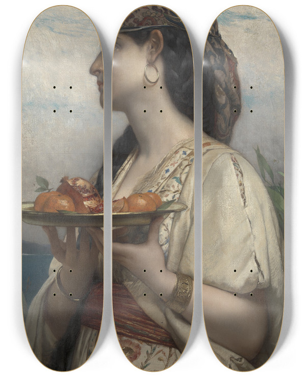 Triptych art skateboard deck of Jules Joseph Lefebvre Slave With A Bowl Of Fruit by Jules Joseph Lefebvre (1836-1911)