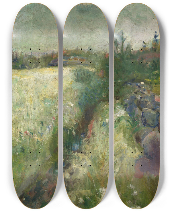 Triptych art skateboard deck of Edvard Munch Flowery Meadow At Veierland by Edvard Munch (1863-1944)