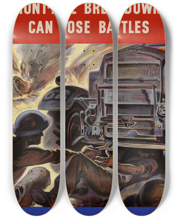 Triptych art skateboard deck of Wright Hessack Frontline Breakdowns Can Lose Battles Thats Why Our Workmanship Counts by Wright Hessack (20-)