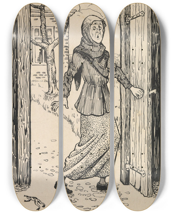 Triptych art skateboard deck of Gust Van De Wall Pern Vrouw Schrikt Van Een Kikker by Gust van de Wall Pern (1877-1911)