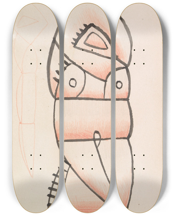 Triptych art skateboard deck of Henri Gaudierbrzeska Crouching Figure by Henri Gaudier-Brzeska (1891-1915)