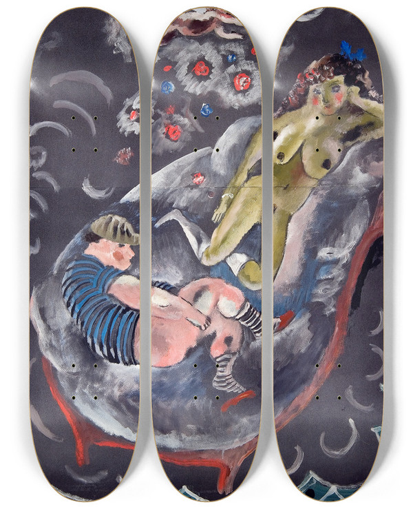 Triptych art skateboard deck of Jules Pascin Two Figures And Cupid by Jules Pascin (1885-1930)