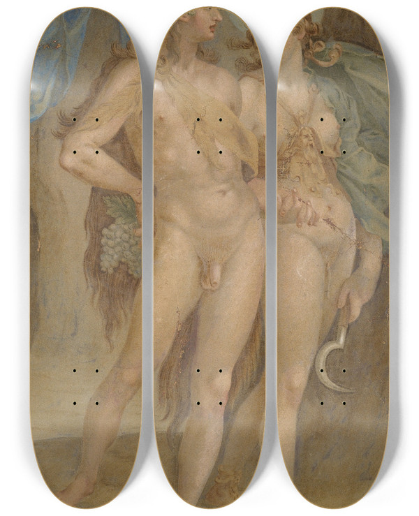 Triptych art skateboard deck of After Bartholomaeus Spranger Ceres And Bacchus by After Bartholomaeus Spranger (1546-1611)