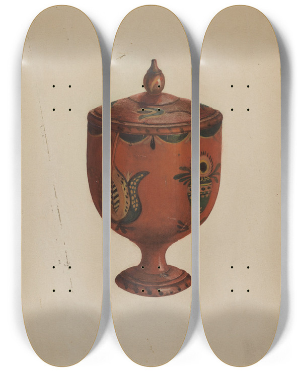 Triptych art skateboard deck of Betty Jean Davis Pa German Spice Jar by Betty Jean Davis